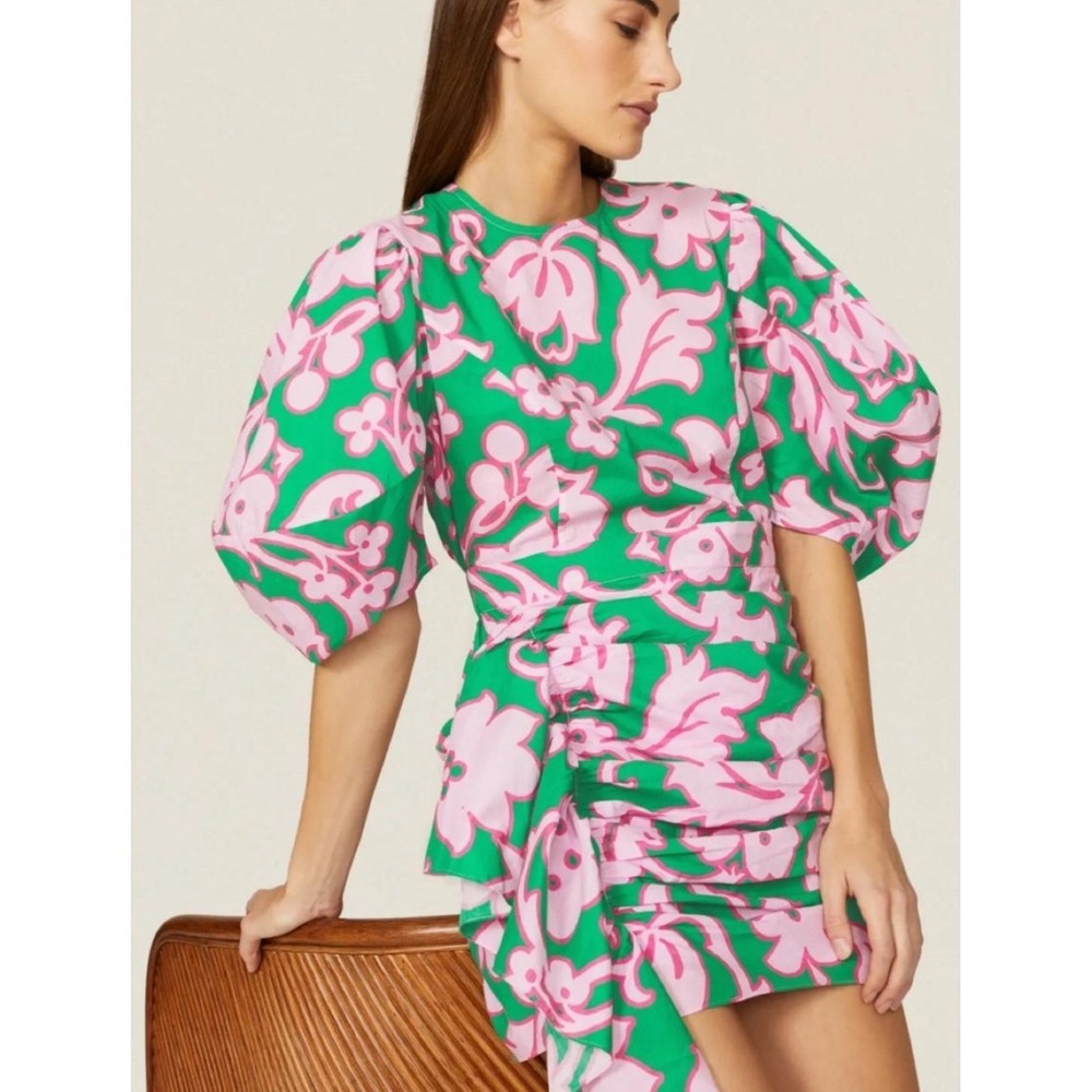 Rhode Pia Mini Dress Womens XL Green Pink Floral Ruched Puff Sleeve Fair